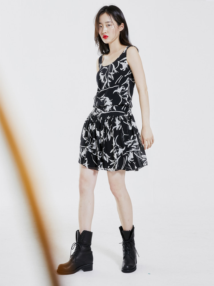 [SOHO]블랙&amp;화이트 쉬폰 프린트 투피스 드레스